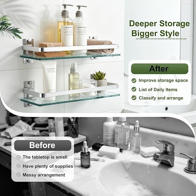 AIJALY 2 Pack Bathroom Glass Shelf,15.7 Inches Silver Bathroom Shower Glass Shelf Wall-Mounted, Metal Storage Floating Kitchen Shelf