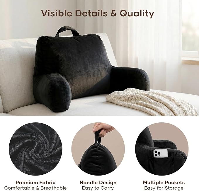 NOONTIDE Reading Pillow for Sitting up in Bed and Couch,Large Back Pillow for Adult & Teens with Soft Adjustable Neck Roll Backrest Pillow,Washable Cover,Watching TV/Gaming/Relaxing(Black)
