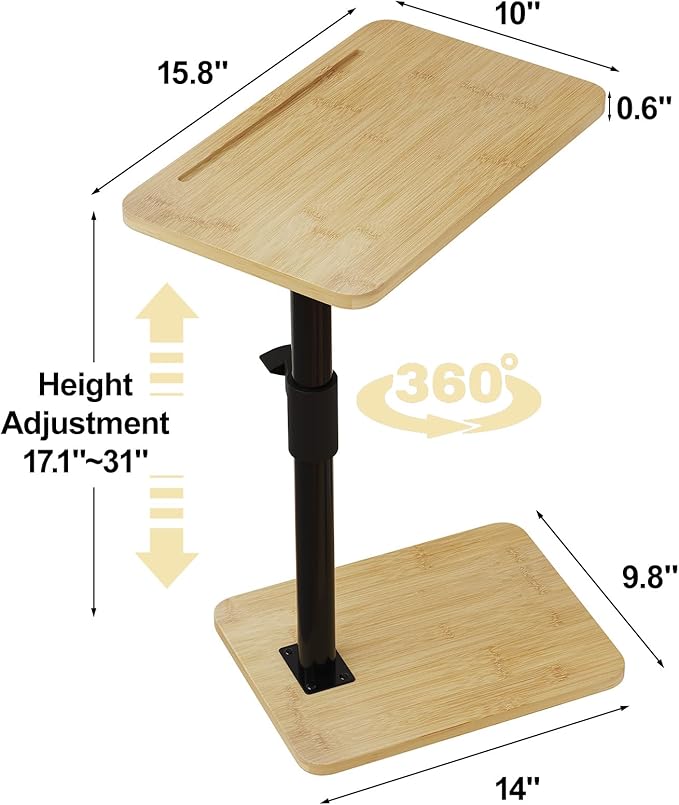 2Pcs Sofa Armrest Tray Table - 360° Bamboo Swivel TV Trays - Height Adjustable Side Table for Bed or Chair with Phone and Tablet Slots - End Tables for Small Spaces (2PCS, Standard)
