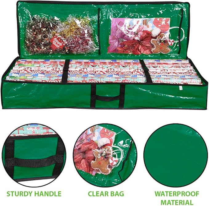 ProPik Wrapping Paper Storage Containers | Gift Wrap Organizer Under Bed 41”x14”x6” Fits 18-24 Rolls Fit Up to 40” Long Roll Wrap Storage Box Holder with Pockets for Ribbon Bows Etc (Green)