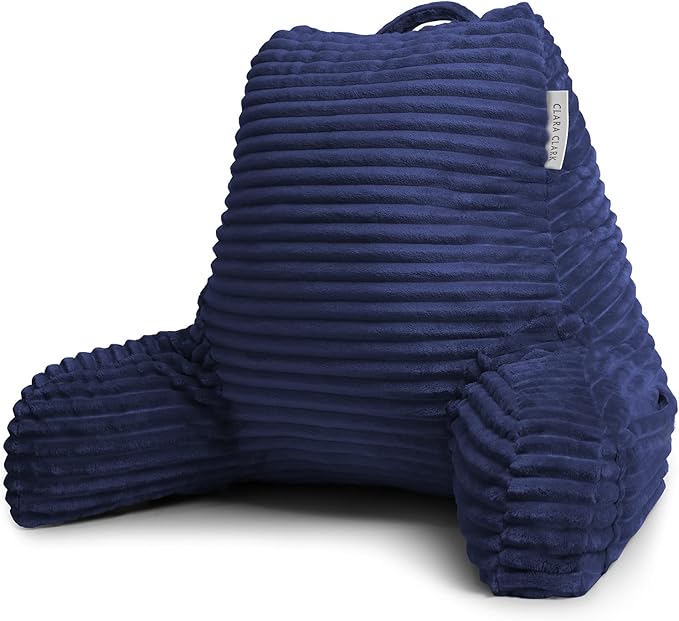 Clara Clark Reading Pillow for Bed Adult – Back Pillow for Sitting in Bed, Standard Plush Bed Pillows for Sitting Up in Bed, Shredded Foam Bed Chair Pillow with Arms and Pockets, Navy Bed Rest Pillow