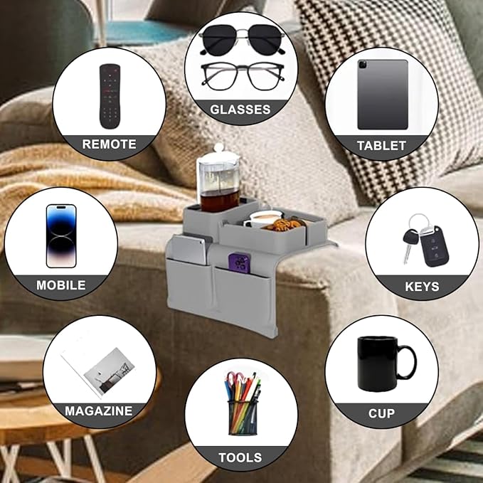 S V Adjustable Couch Armrest Tray with Cup Holder & Storage Pockets Non Slip Sofa Organizer for Drinks Phone Remote