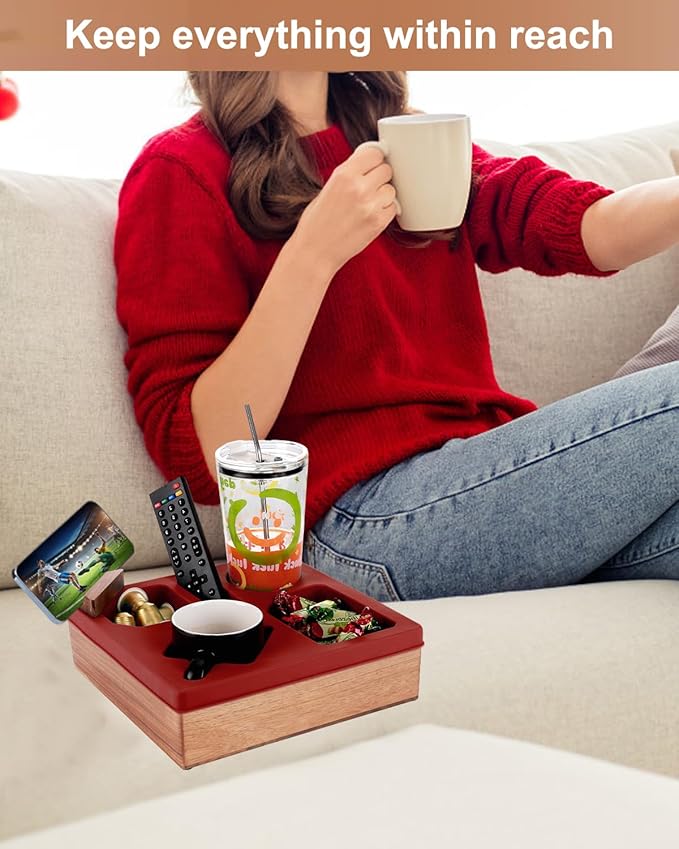Couch Cup Holder Tray, Silicone Wooden Couch Caddy with Cup Holder for Snacks, Drinks, Remotes, Waterproof Cup Holder for Couch, Organizer, Couch Drink Holder, Easter Gifts (red)