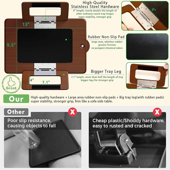 Smatdecis Couch Arm Tray Table Sofa Arm Clip, Armrest Tray Table Suitable for Home Drinks/Fast Food/Fruit Etc, Large Size Multi-Function Brown(360° Rotating Stand A)