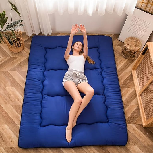 MAXYOYO Japanese Floor Mattress Futon Mattress, Thicken Sleeping Pad Foldable Roll Up Floor Futon for Adults Tatami Mat Dormitory Couch Lounger, Royal Blue, Twin Size
