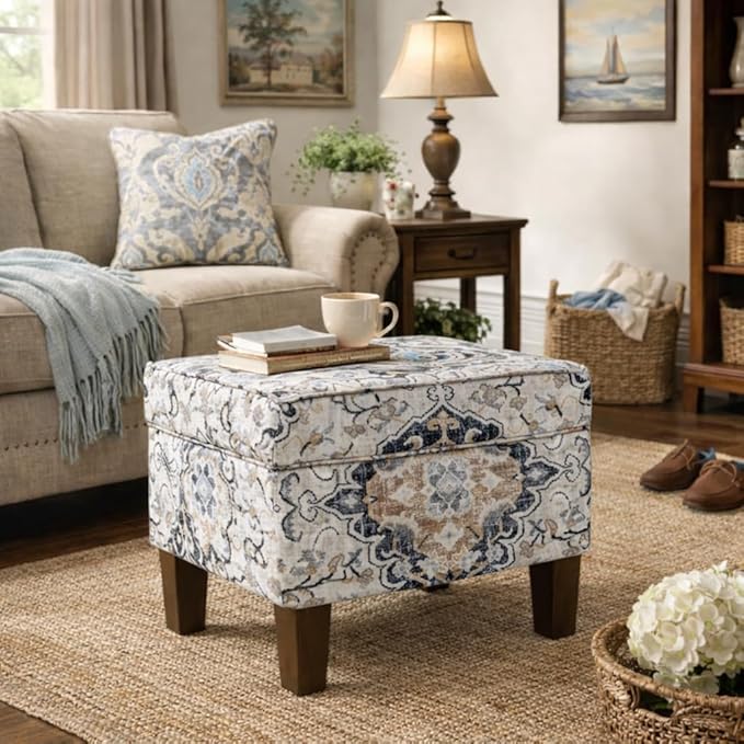 Homepop Home Decor |K7646-A862 | Upholstered Modern Rectangular Storage Ottoman | Hinged Lid Ottoman with Storage for Living Room & Bedroom, Antiqued Ebony Cream