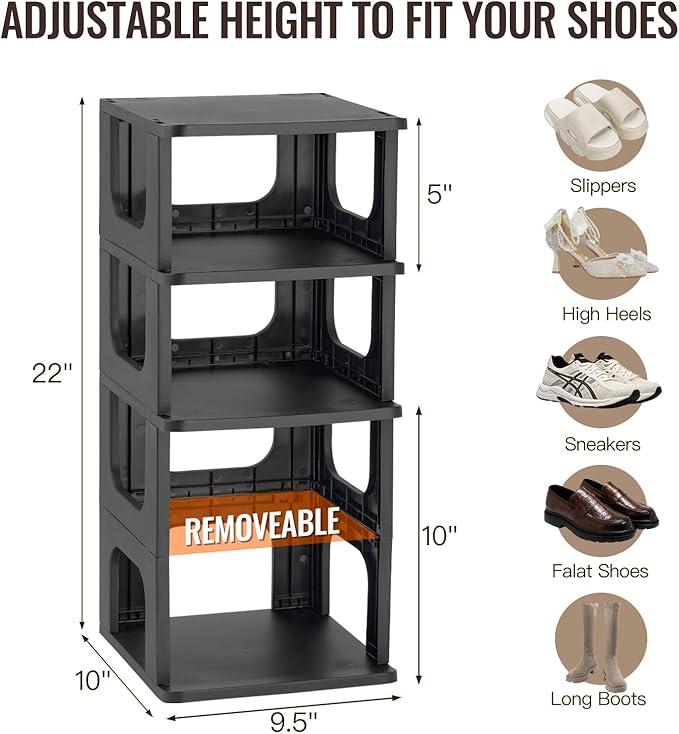 TRZZ 10-Tier Small Shoe Rack, Vertical Narrow Stackable Organizer with Removable Partition, Efficient Shoe Storage for Closet, Entryway, and Small Spaces (Black)