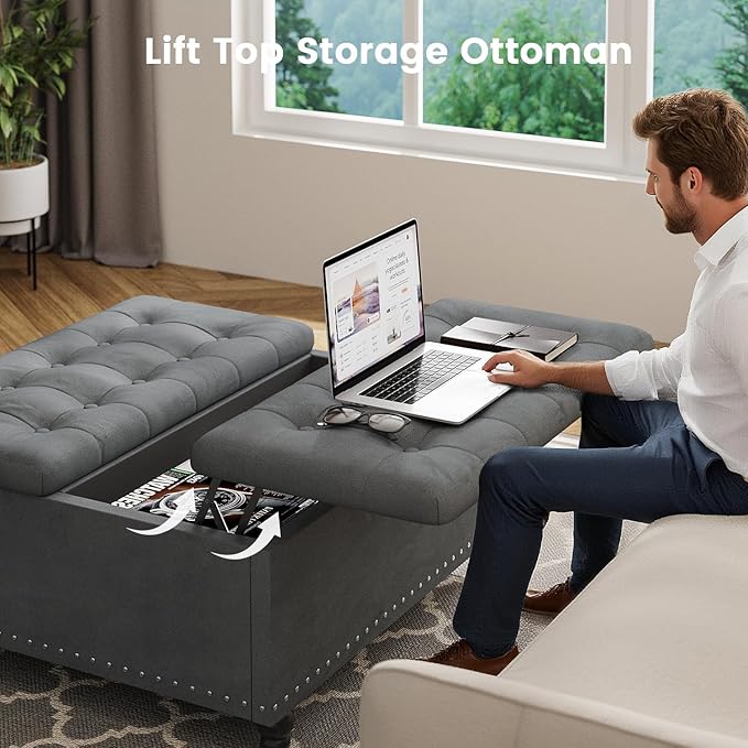 FUXA 35 Inch Large Square Ottoman with Storage, Oversized Ottoman Coffee Table with Lift Top and Wood Legs, Tufted Upholstered Storage Ottoman Bench for Living Room (Gray)