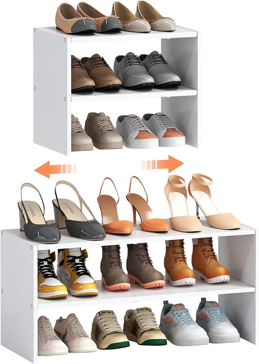 2-Tier Expandable White Shoe Rack Organizer for Closet, Stackable Shoe Rack Storage Shelf, Small Iron Wood Combination Shoe Shelves for Closets,Entryway,Front Door, Narrow Space,Hallway,6-12 Pairs