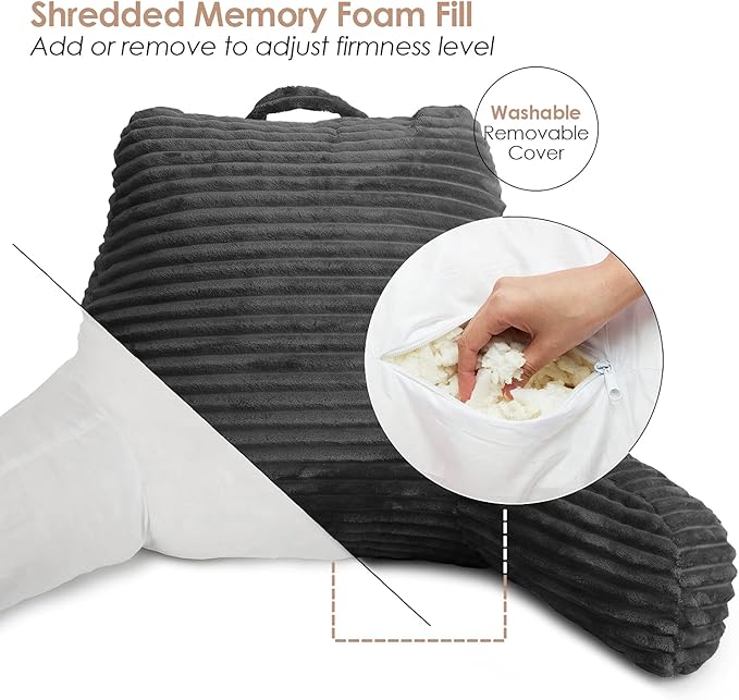 Clara Clark Reading Pillow for Bed Adult – Back Pillow for Sitting in Bed, Standard Plush Bed Pillows for Sitting Up in Bed, Shredded Foam Bed Chair Pillow with Arms and Pockets, Grey Bed Rest Pillow