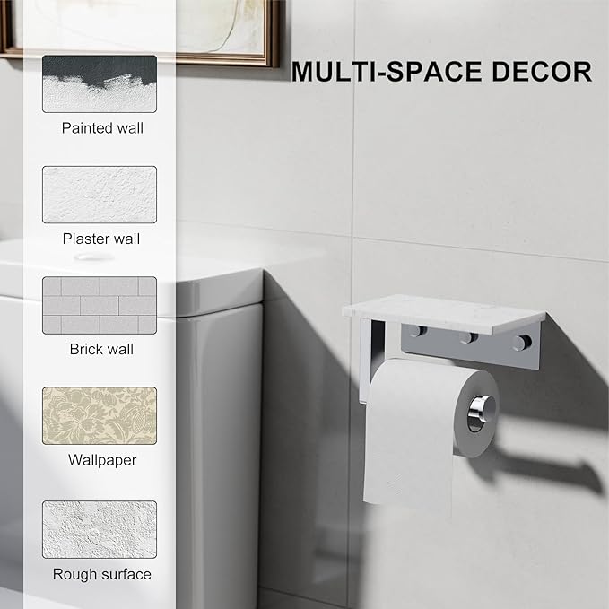 Toilet Paper Holder with Marble Shelf, 304 Stainless Steel Tissue Hand Holder Wall Mounted Toilet Paper Roll Hold with Phone Shelf for Bathroom Kitchen Washroom Bedroom, Chrome