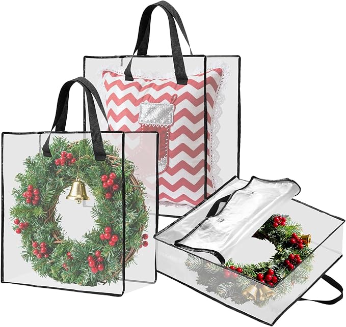 HFKPJRT 3 Pack Wreath Storage Bag, 26" 90 L Garland Container, Wreath Bags for Halloween Christmas Decorations, Large Clear Moving Bags with Handle, Under The Bed Storage for Bedding, Clothing, Toys