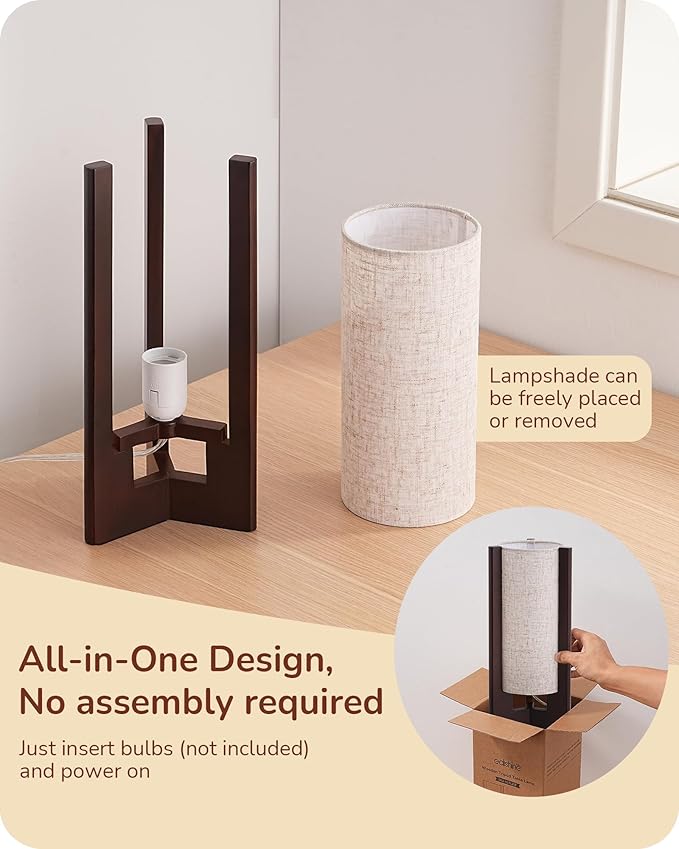 EDISHINE 13.5" Small Table Lamps, Walnut Wood Cylinder Bedside Lamp for Bedroom, Beige Linen Shade, Corner Modern Nightstand Lamp for Living Room, On-Off Switch, E26 Base (Bulb Not Included), 2Pack