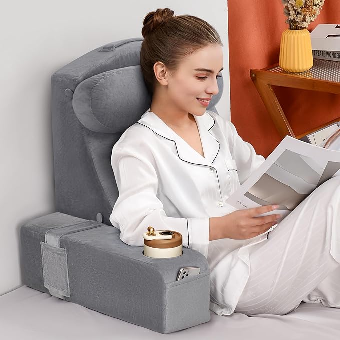 MOON PINE Reading Pillow for Adults, Memory Foam Backrest with Detachable Arms - Bed Pillow for Sitting Up, Built-in Cup Holder & Phone Pocket (Gray, 21 inch)