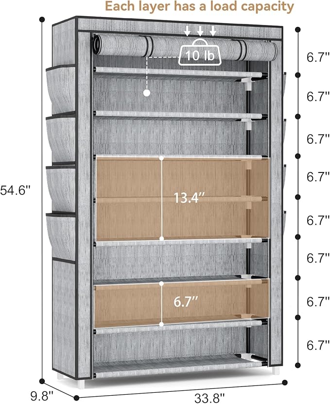 VILICK Shoe Rack with Cover, 8 Tier Tall Shoe Organizer Storage for 36-45 Pair Shoes and Boots Large Shoe Storage Shelf Free Standing Shoe Rack for Closet, Front Door Entrance, Dorm, Garage, Printing