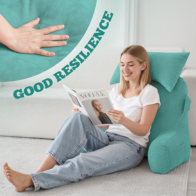 Unisakey Portable Reading Pillows with Headrest for Bed Sitting Up(Lake Blue Oeko-Tex), Velvet Back Pillow with Arms & Pockets for Adults, Support Memory Foam Bed Pillow for Dorm/Watching/Gaming