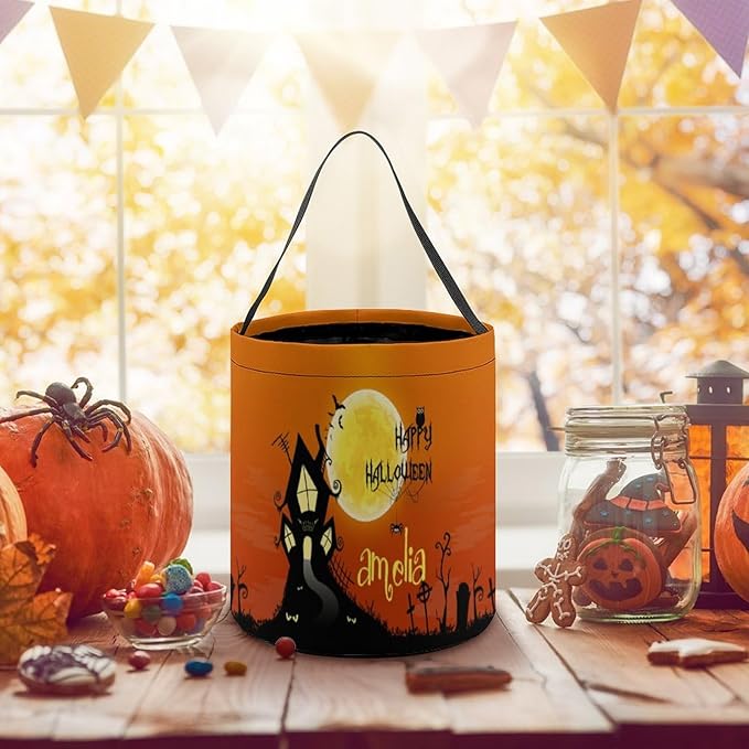 Personalized Halloween Trick or Treat Candy Bag with Name Custom Text Party Tote Bucket Halloween Candy Basket Gift (Bag-8)