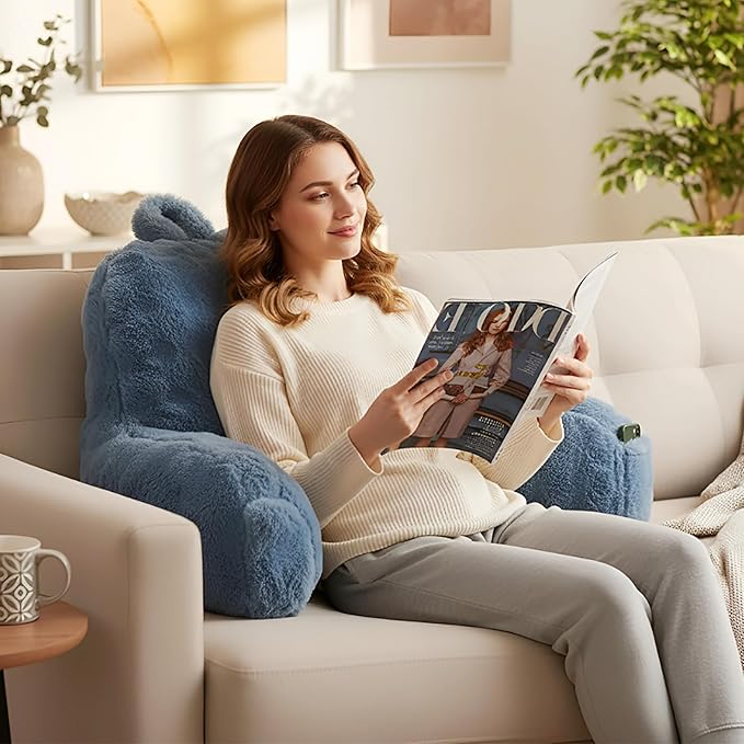 Yaoshuho Faux Fur Reading Pillow for Sitting in Bed, Large Backrest Bed Pillow with Arms, Back Support Pillow for Lounging Bedrest, Dusty Blue