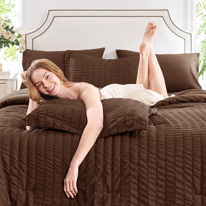 CozyLux Full Size Comforter Sets with Sheets 7 Pieces, Brown Seersucker Bed in a Bag Textured Luxury Soft Bedding Sets with Down Alternative Comforter, Sheets, Pillowcases & Shams for All Seasons
