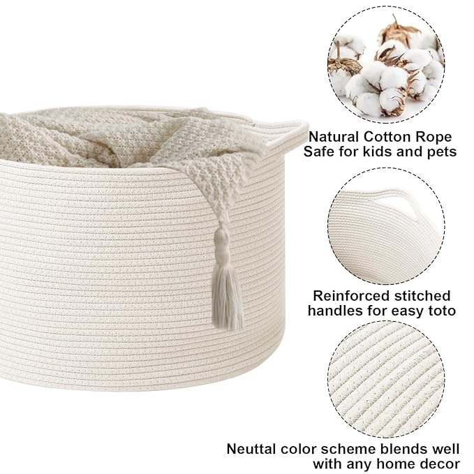 65L Large Woven Cotton Rope Blanket Basket with Handles, Laundry Hamper Storage Bin for Pillows, Comforters,Clothes, Toys, Nursery, Bedroom and Living Room Organization,White