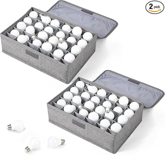 2 Pcs Light Bulb Organizer Storage Box Ornament Storage with 30 Dividers Foldable Bulbs Organizer with Lid Sturdy PP Board Fits Various Standard Dustproof Fabric Case for Home Vbs (Grey)