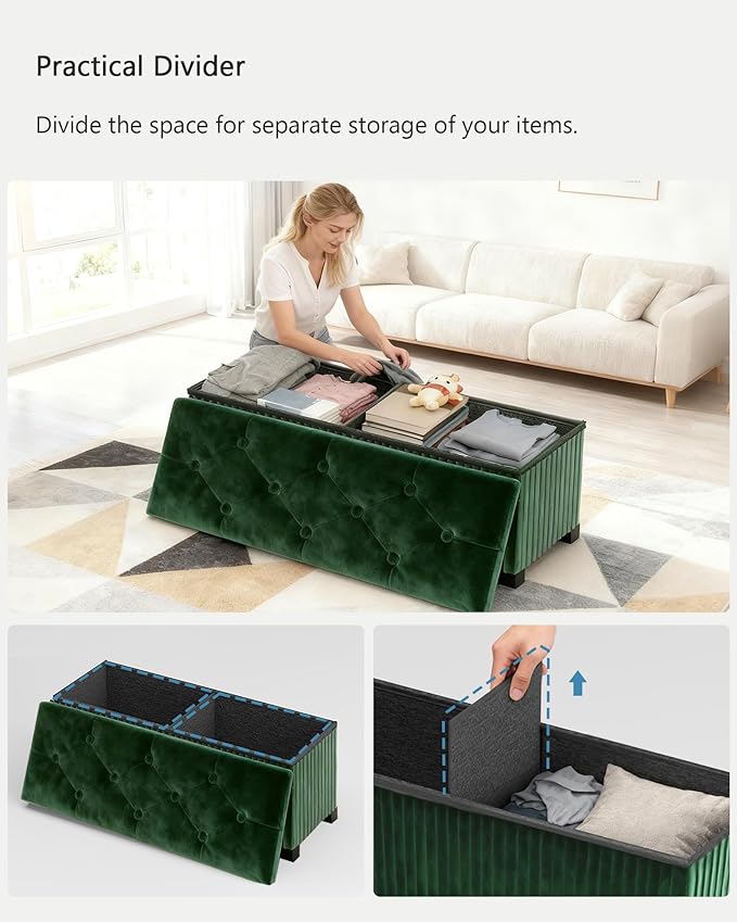LITZFUR Storage Ottoman Bench, 43 Inch Foldable Ottoman with Legs, Velvet Foot Rest Stool, End of Bed Bench, Storage Chest for Living Room, Bedroom, Green