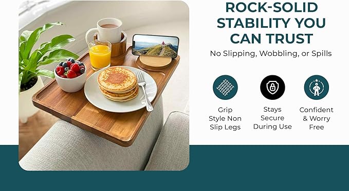 Couch Arm Table | XL Acacia Wood Folding Sofa Side Tray | 15.8" x 11.8" | Cup & Phone Holder | Adjustable Clip on TV Caddy Armrest Tray | Perfect for Eating Dinner & Snacks | Thin Foldable Organizer