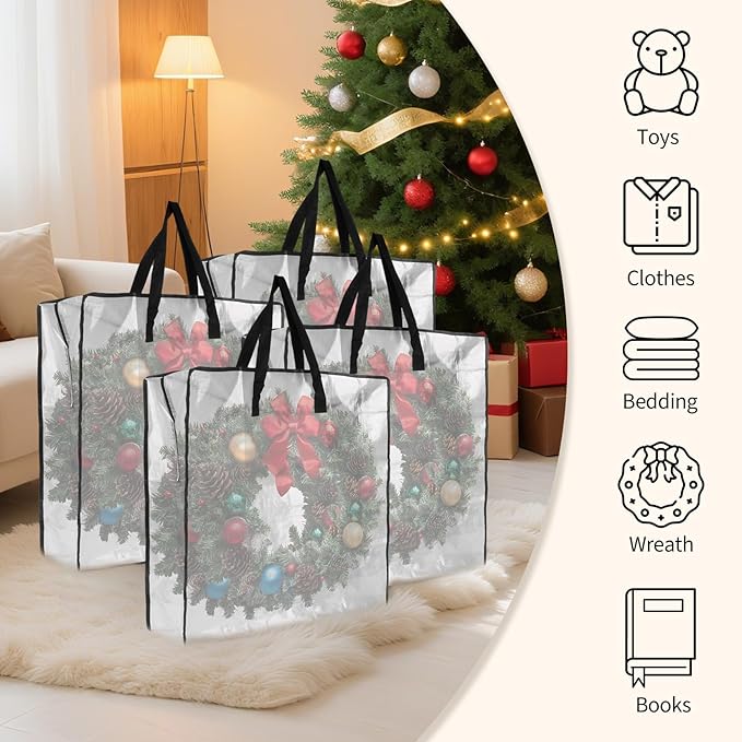 Garvee 8 Pack Clear Plastic Christmas Wreath Storage Bags with Sturdy Handles and Zipper, Wreath Storage Container for Holiday Garlands, Gifts, and Christmas Decorations