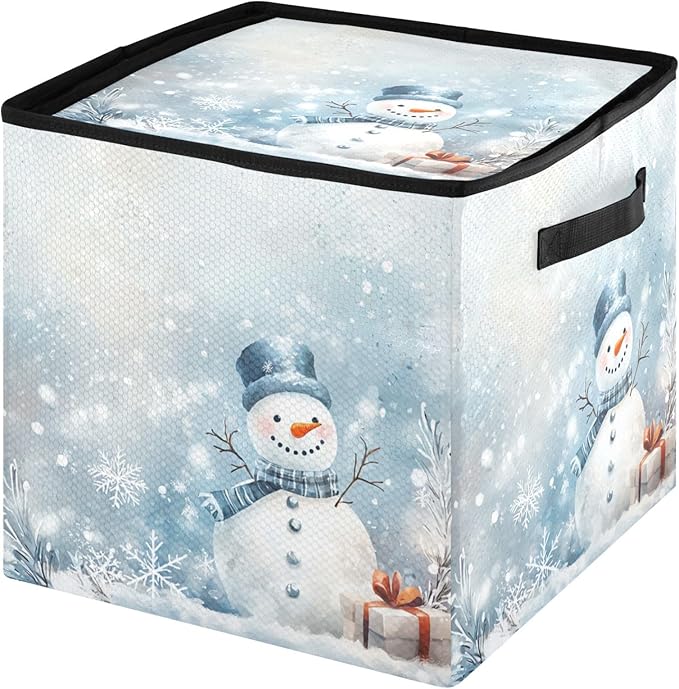 Snowman Jingle Bells Christmas Ornament Storage Basket Box Winter Snowflake Blue Silver Holiday Storage Container Cube with Adjustable Dividers for 64 Holiday Ornaments or Decorations