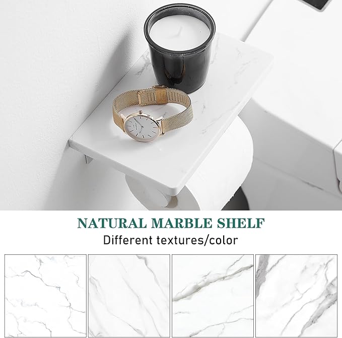 Hoimpro Brushed Silver Aluminum Toilet Paper Holder with White Natural Marble Shelf, Wall Mounted Tissue Hand Paper Roll Storage Holder for Bathroom Kitchen Washroom Bedroom