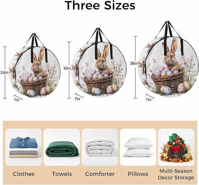 24 Inch Round Storage Bag 2 Pack,Easter Bunny Egg Basket on White Waterproof Wreath Storage Container with Handles&Zipper Spring Pastoral Plant Closet Organizer Bags Garland Box