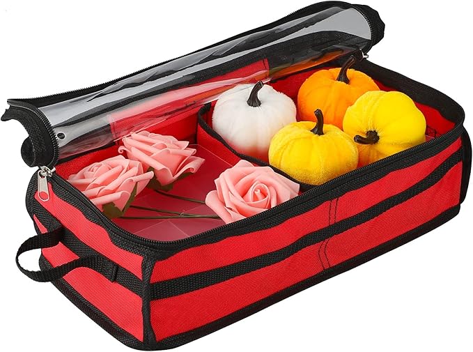 Ornament Storage Box Under Bed 64 Cell Partition 600D Oxford PVC Transparent Window 61x30.5x15cm (Red)