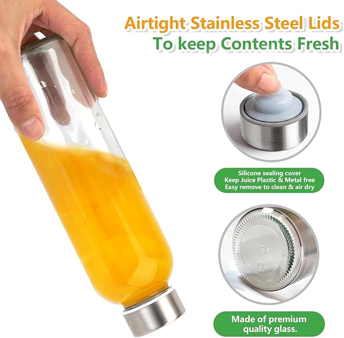 Zukro Glass Water Bottles with Lids 18 oz, 10 Pack Reusable Juice Bottles With Stainless Steel Airtight Cap for Juicing, Leak Proof Clear Drinking Jar Beverage storage container for Fridge, BPA Free