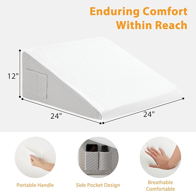 Ruqmuis Wedge Pillow for Sleeping, 12" Bed Wedge Pillow for Headboard, Triangle Incline Wedges for Acid Reflux, Pillows Wedge for Back Pain Relief, Elevated Leg Pillows After Surgery, Snoring, White