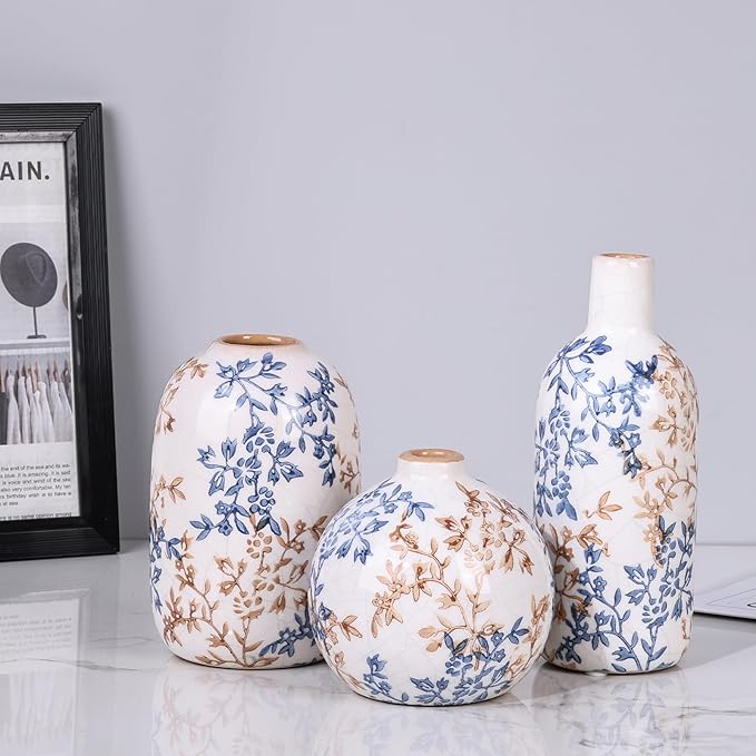 Cute Vase Matte Ceramic vases Set of 3 Blue, Modern Boho Vases for Decor Small vase,Centerpiece Table Decor japandi Home Decor Minimalist vase for Décor Room,Entryway, Bookshelf, Mantel, Shelf Décor