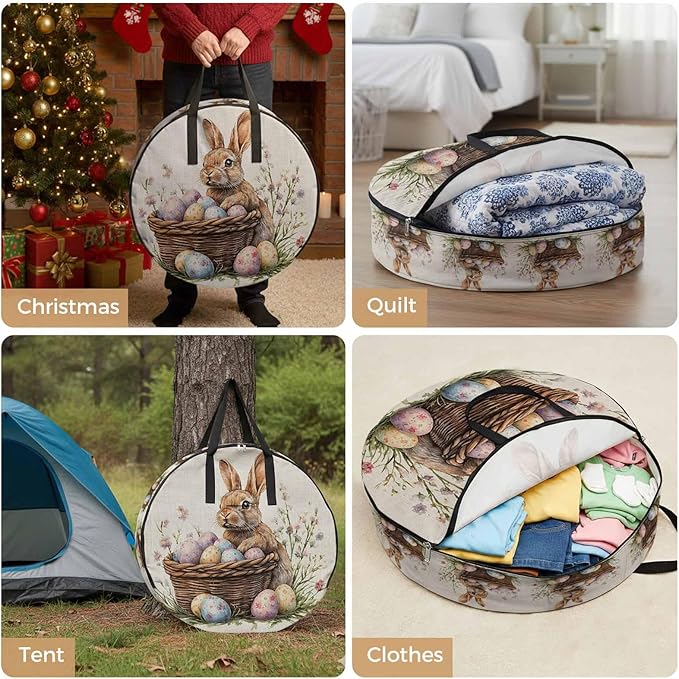 Easter Rabbit Round Storage Bag 36 Inch, Vintage Basket Pink Blue Eggs Spring Flower Linen Texture Clothes Storage Container with Handles Heavy Duty Organizer for Comforter, Bedding & Holiday Wreaths