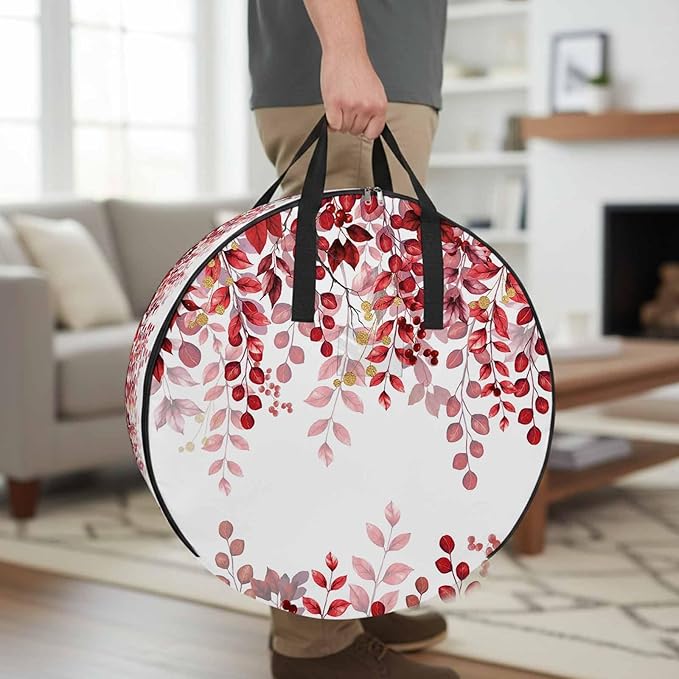 Storage Bag Red Eucalyptus Leaves Round Storage Totes Bins Closet Organizers with Zippers & Handle Berry Branch Nature Plant Clothes Storage Container for Bedroom Dorm Space Saving Packing Supplies