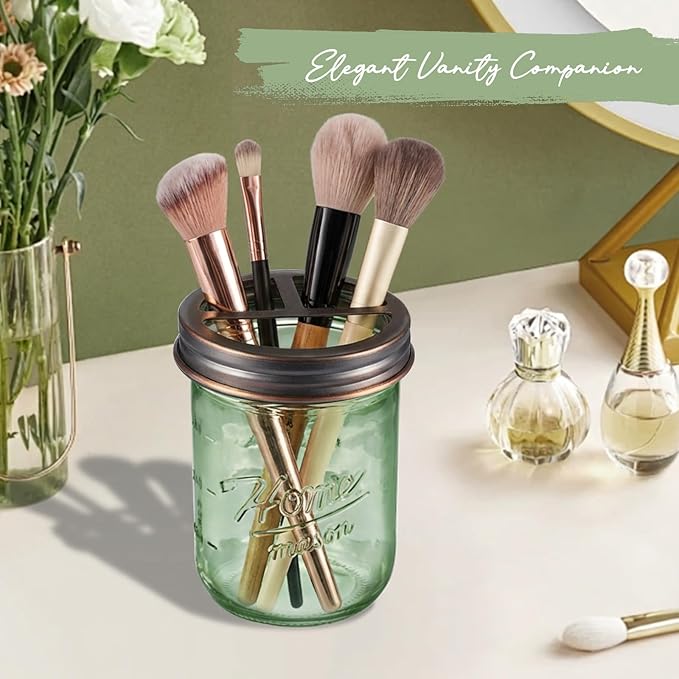 SheeChung Mason Jar Toothbrush Holder, Green Glass Toothbrush Holder, Bathroom Countertop Organizer, Stainless Steel Lid, Toothbrush Toothpaste Holder Storage, Oil Rubbed Bronze Bathroom Accessories