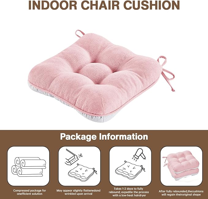 BETU Pink Chair Cushions for Dining Chairs Set of 2,3.5" Thick Kitchen Table Chair Pads with Ties,Non Slip Backing and Covers, Seat Cushion for Dining Room,Bar,Patio Chairs,16"X16"X3.5",Pink