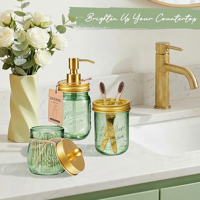 SheeChung Mason Jar Toothbrush Holder, Green Glass Toothbrush Holder for Bathroom Countertop Organizer, Stainless Steel Lid, Electric Toothbrush Toothpaste Holder Storage, Gold Bathroom Accessories