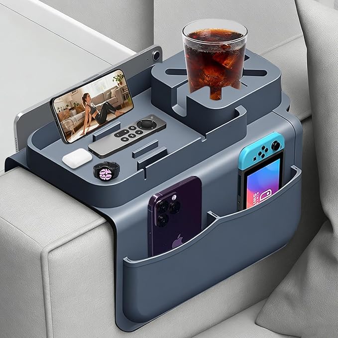 Silicone Couch Cup Holder Tray with Tablet & Phone Stand, Anti-Slip Sofa Arm Organizer with Dual Side Pockets for Remotes, Snacks, Headphones, Glasses, Drinks (Gray)