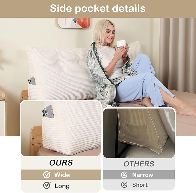 Headboard Pillow King, Wedge Headboard Pillow for Bed Sofa, Triangular Backrest Pillow with Removable Cover for Reading, Working, Sitting, Beige