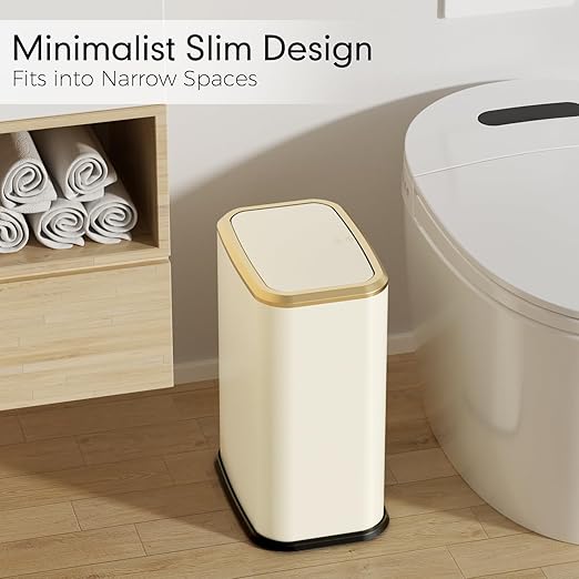 Bathroom Trash Can with Lid, 8L/2.1 Gallon Beige Trash Can Small Garbage Can with Press Top Lid Slim Stainless Steel Garbage Can with 100 Counts Trash Bags for Bathroom Bedroom Kitchen Office Toilet