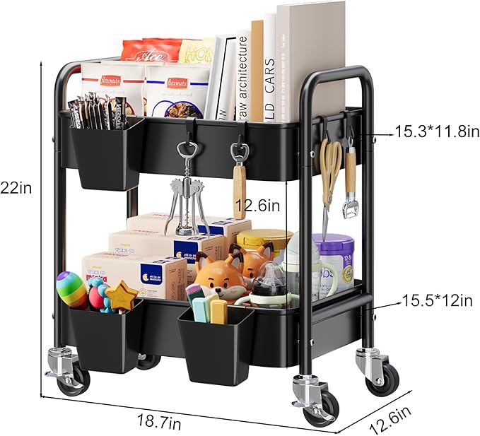2 Tier Small Rolling Metal Cart with Wheels, Black Under Desk Storage Cart on Wheels, Short Utility Roller Carts Organizer for Pantry, Bathroom,Kitchen,Office, Two Tiered Mobile Storage Shelf Trolley