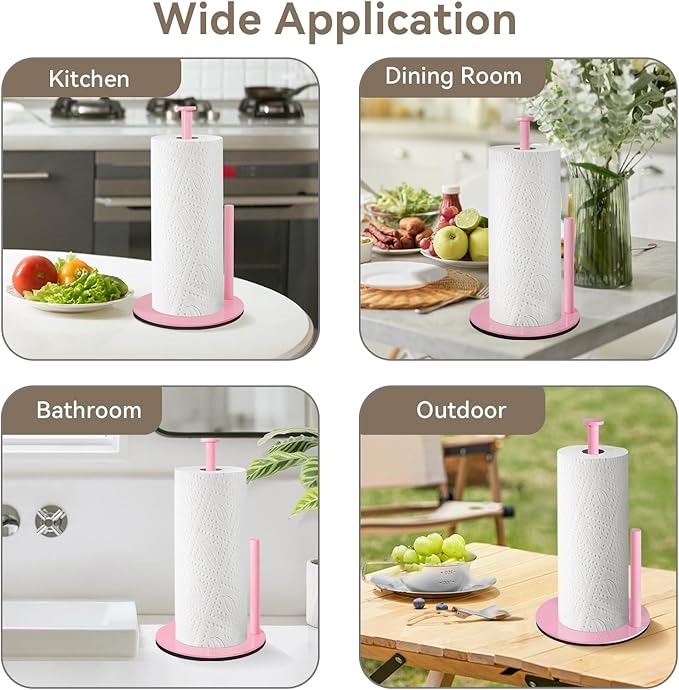Pink Paper Towel Holder, Paper Towel Holder Countertop with Anti Slip Weighted Base, Stainless Steel Freestanding Paper Towel Holders for Kitchen