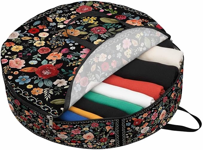 Storage Bag Black Floral Round Storage Totes Bins Closet Organizers with Zippers & Handle Farmhouse Vintage Flower Clothes Storage Container for Bedroom Dorm Space Saving Packing Supplies Moving Bags