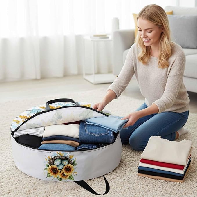 Easter Eggs Nest Round Storage Bag 30 Inch, Watercolor Green Egg Spring Sunflowers Floral Leaf Clothes Storage Container with Handles Heavy Duty Organizer for Comforter, Bedding & Holiday Wreaths