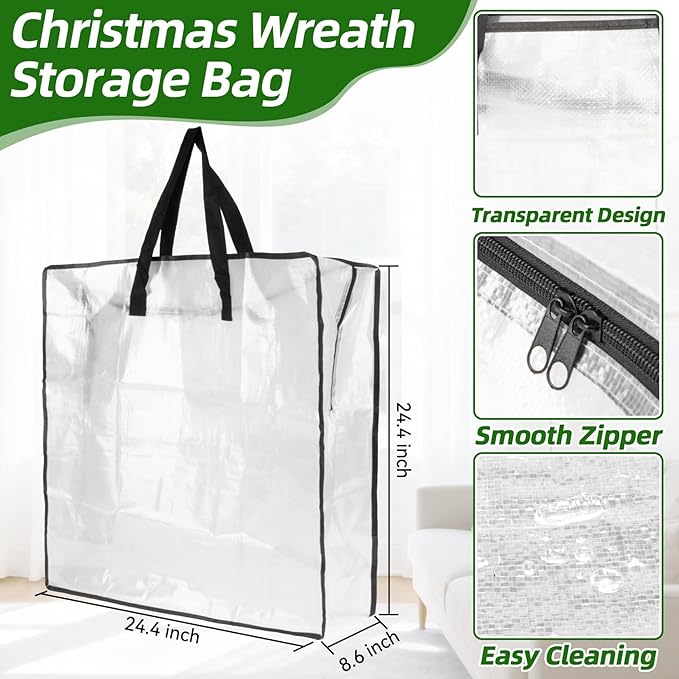 RAINFLOW Christmas Wreath Storage Bag - 3 PCS Moving Bags Heavy Duty for Christmas Decorations Garland Ornament Clothes Gift Pillow Toy Clear Storage Bag with Zipper Moving Supplies(24 inch)