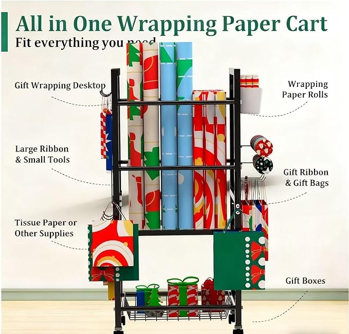 Rolling Wrapping Paper Organizer Cart with Pegboard & Storage Baskets, Gift Wrap Station with Hooks, Holders, Wheels & Containers for Ribbons, Bags, Craft Supplies Gift Wrapping Station