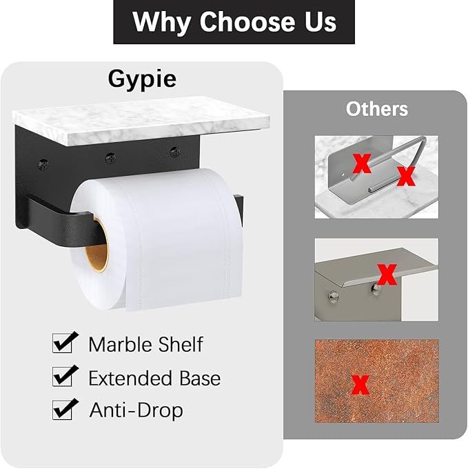 Gypie Toilet Paper Holder with Shelf, Extended Base Wall Mounted, Marble Toilet Roll Holder Black for Bathroom Washroom